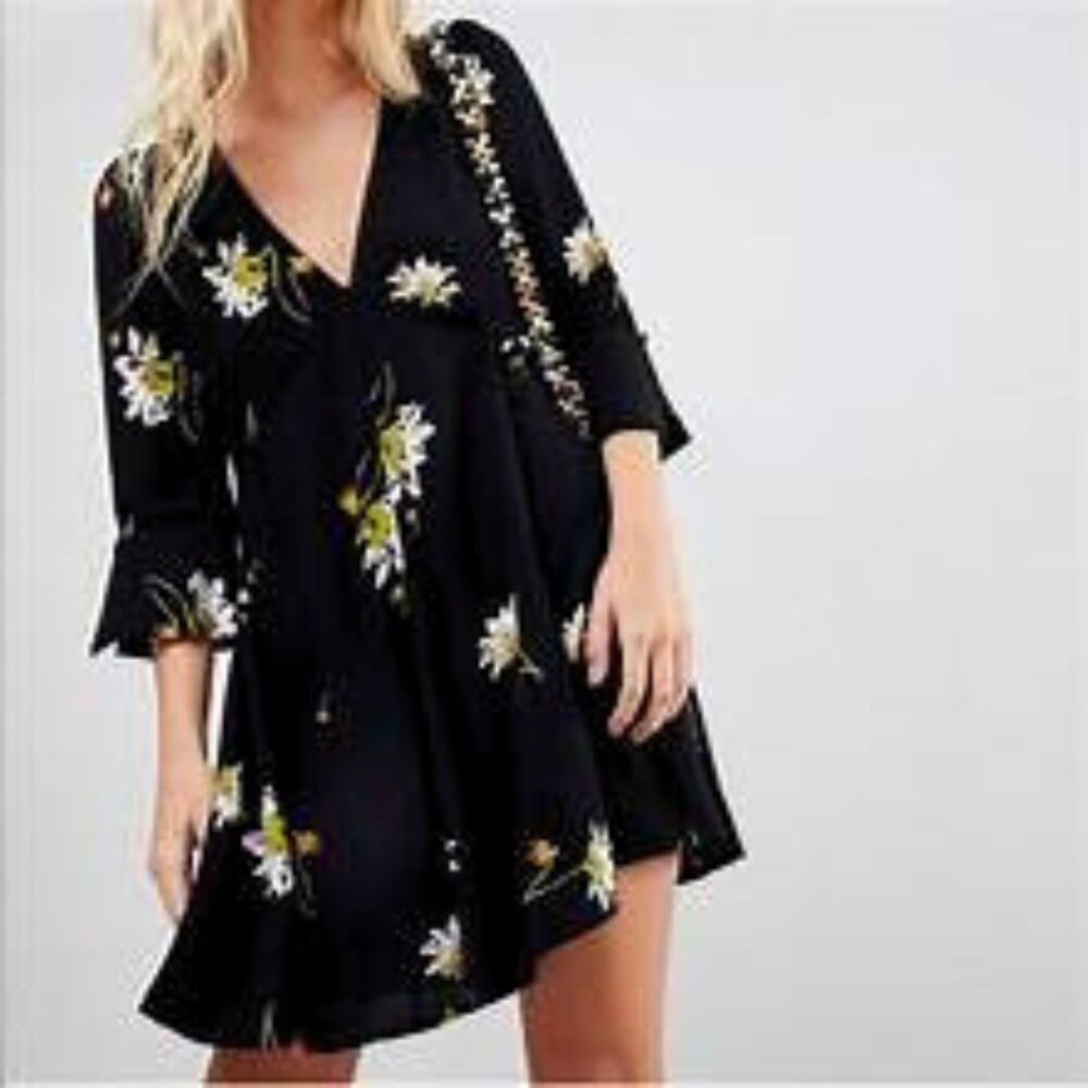 FREE PEOPLE Time On My Side Black Floral Wrap Dress LARGE